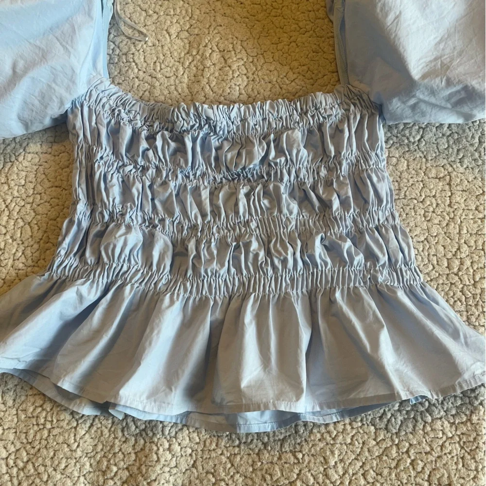 ASTR Light Blue Cinderella Puff Sleeve Smocked Top Medium